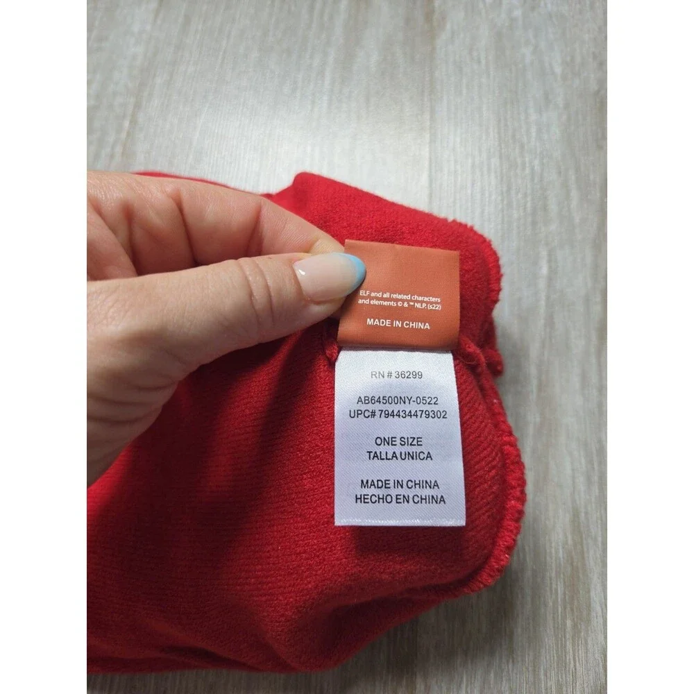 Elf Movie Raised By Elves Christmas Pom Pom Beanie Red Green One Size EUC